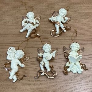 Vintage Cherub Christmas Ornament Angels Gold Gilt Trim Bible Flowers Lyre Lot 5